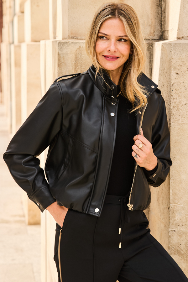 Black Faux Leather Funnel Neck Jacket