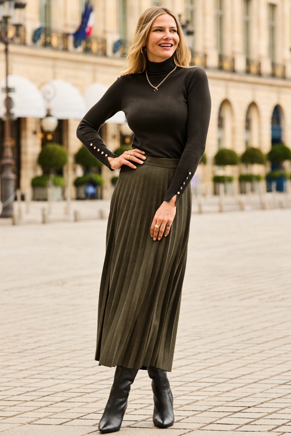 Olive Faux Suede Pleated Midi Skirt