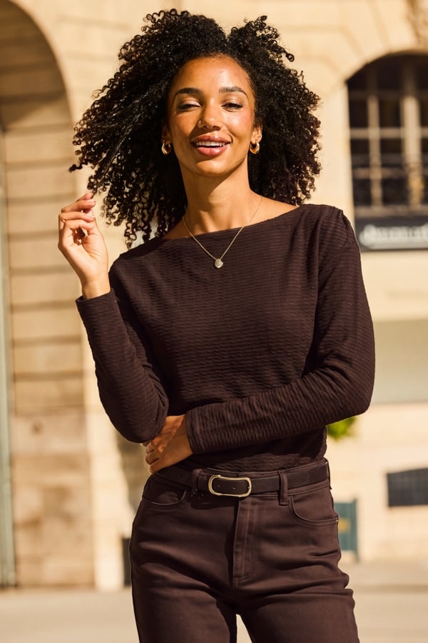 Chocolate Brown Textured Boat Neck Top