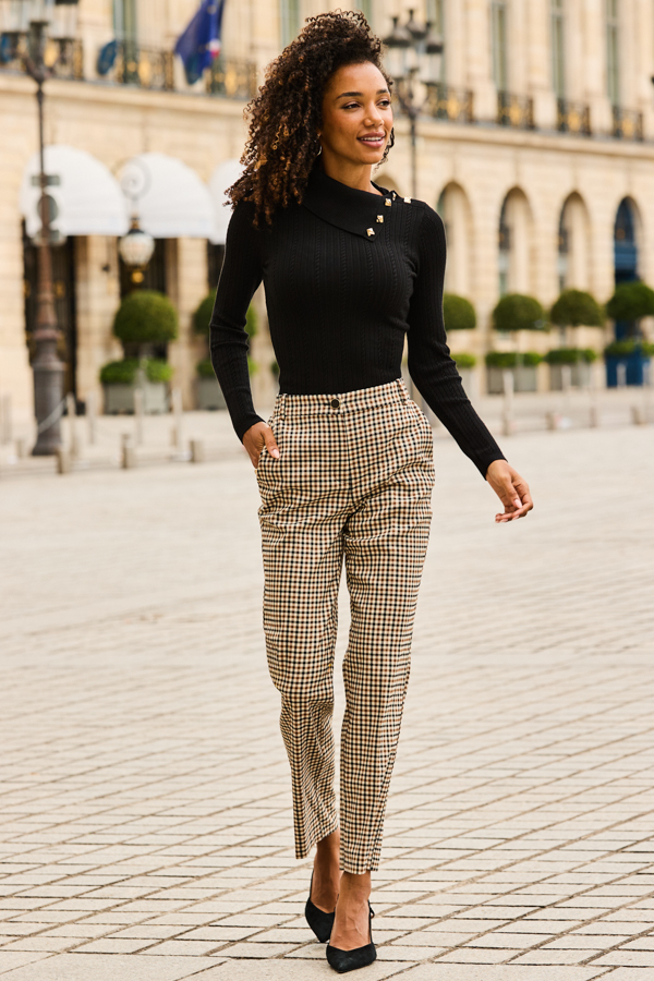Brown Check Print Cigarette Slim Leg Trousers