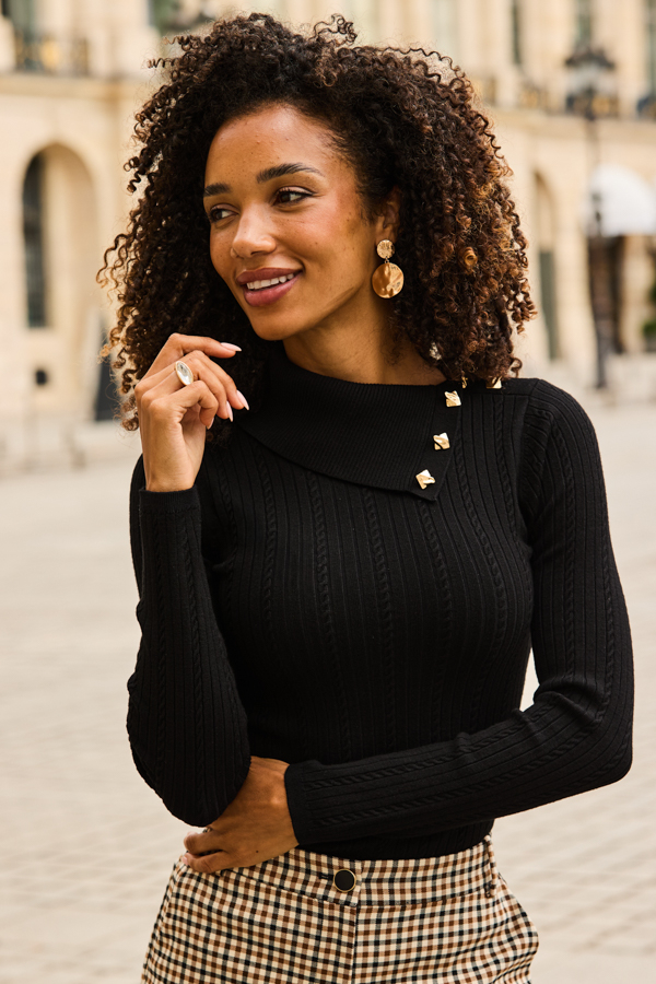 Black Asymmetrical Neck Cable Knit Top