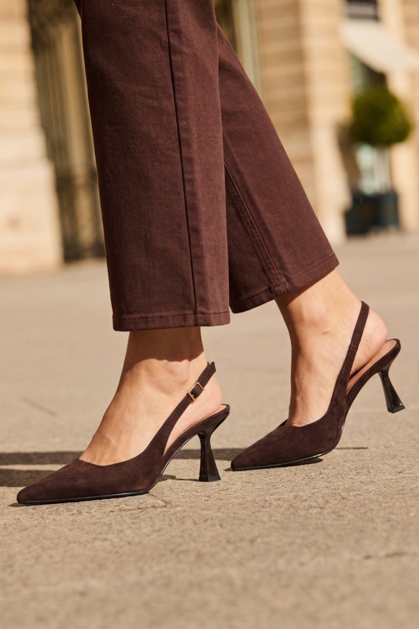Chocolate Brown Faux Suede Kitten Heel Slingback Court Shoes