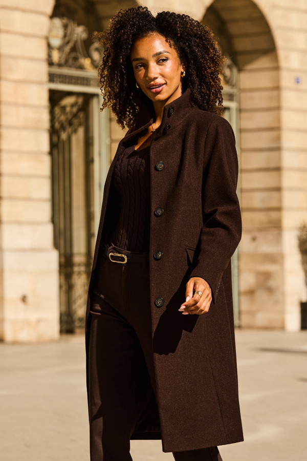 Chocolate Brown Funnel Collar Longline Coat