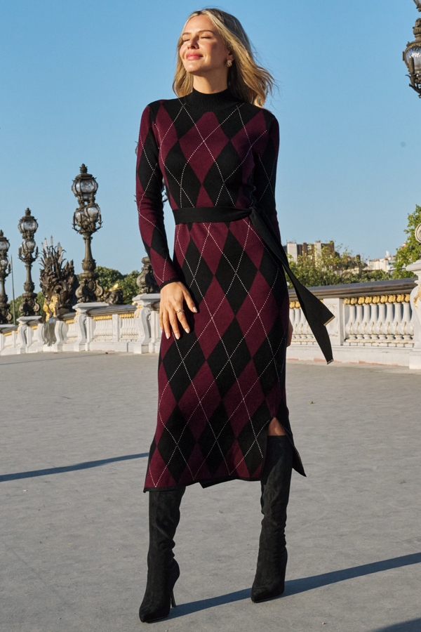 Plum Argyle Roll Neck Knitted Dress