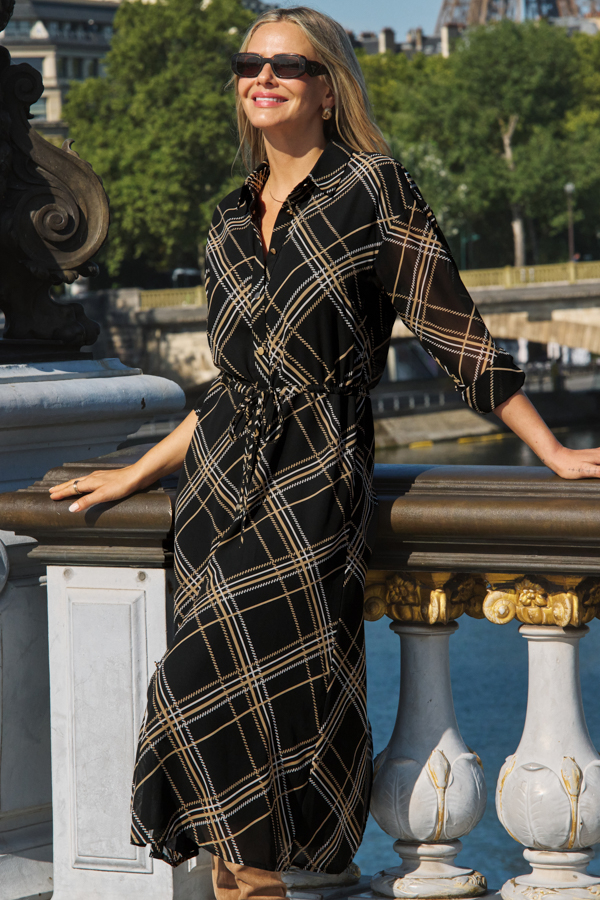 Black Check Print Belted Shirt Dress