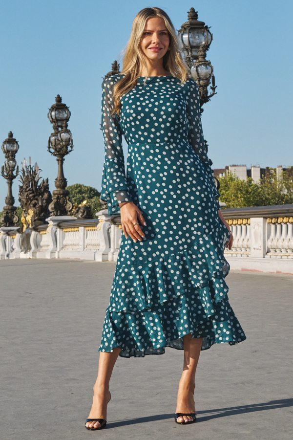 Teal Green Spot Print Ruffle Hem Fit & Flare Dress