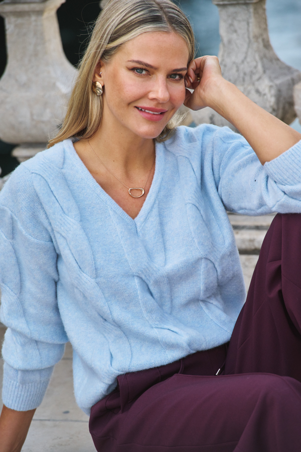 Pastel Blue Cable Knit V Neck Jumper