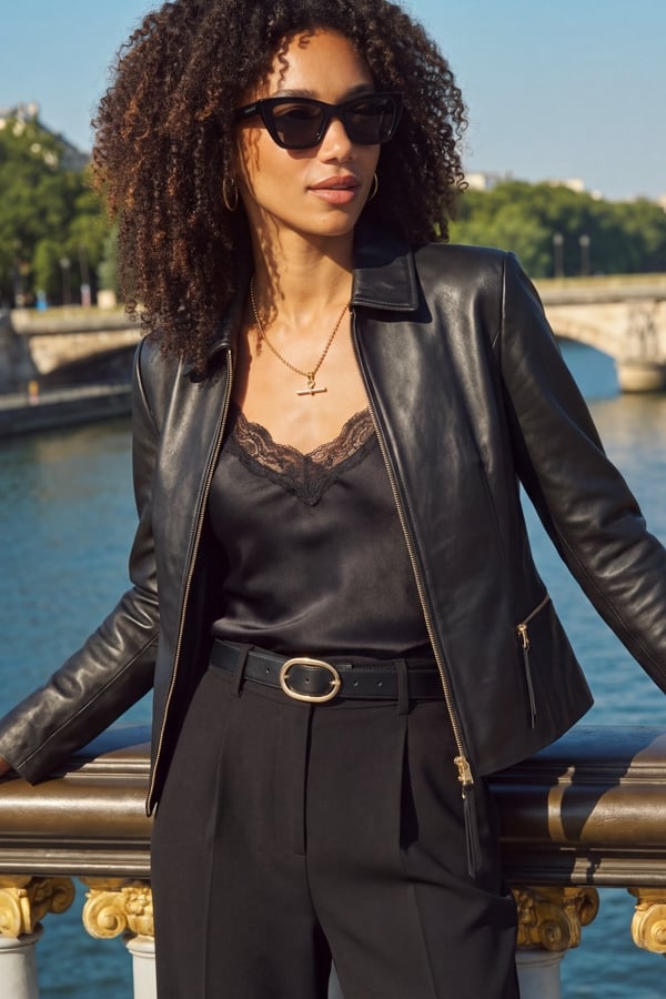 Black Zip Detail Collared Leather Jacket