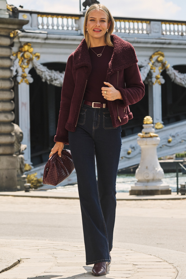 Burgundy Faux Shearling Funnel Collar Jacket