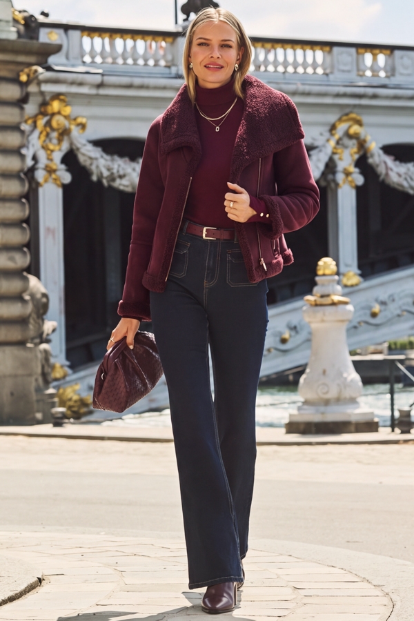 Burgundy Faux Shearling Funnel Collar Jacket