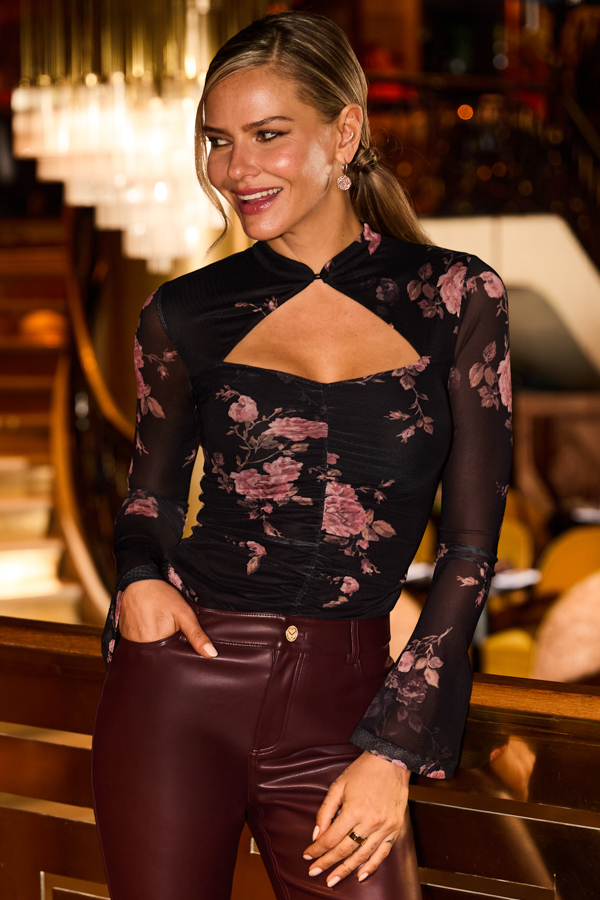 Black & Pink Floral Print Mesh Mandarin Collar Top
