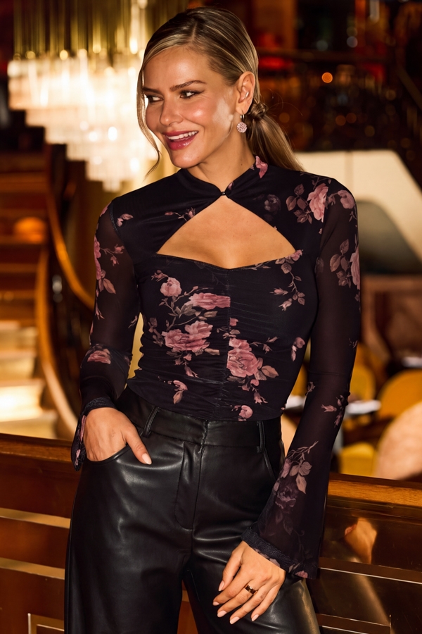 Black & Pink Floral Print Mesh Mandarin Collar Top