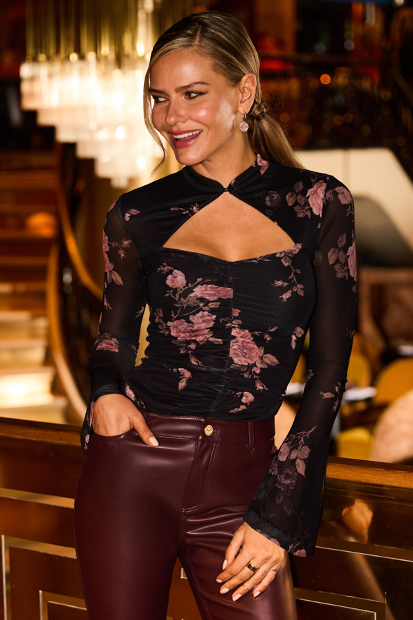 Black & Pink Floral Print Mesh Mandarin Collar Top