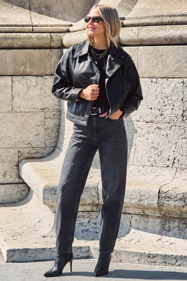 Black Leather Relaxed Biker Jacket