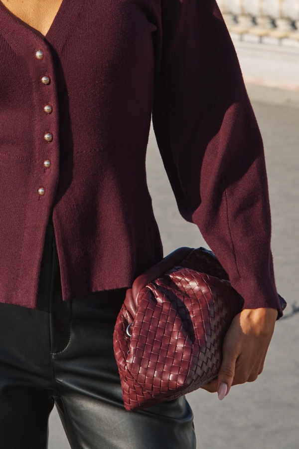 Burgundy Faux Leather Woven Clutch Bag