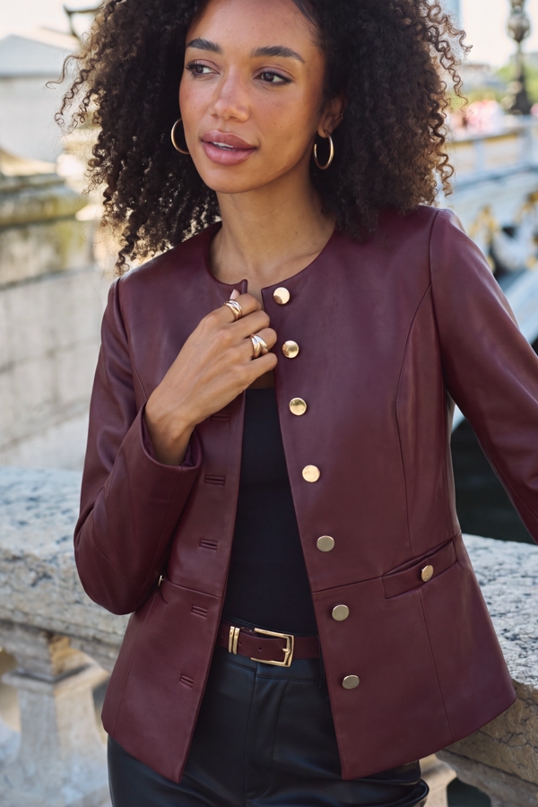 Burgundy Collarless Faux Leather Jacket With Gold Buttons
