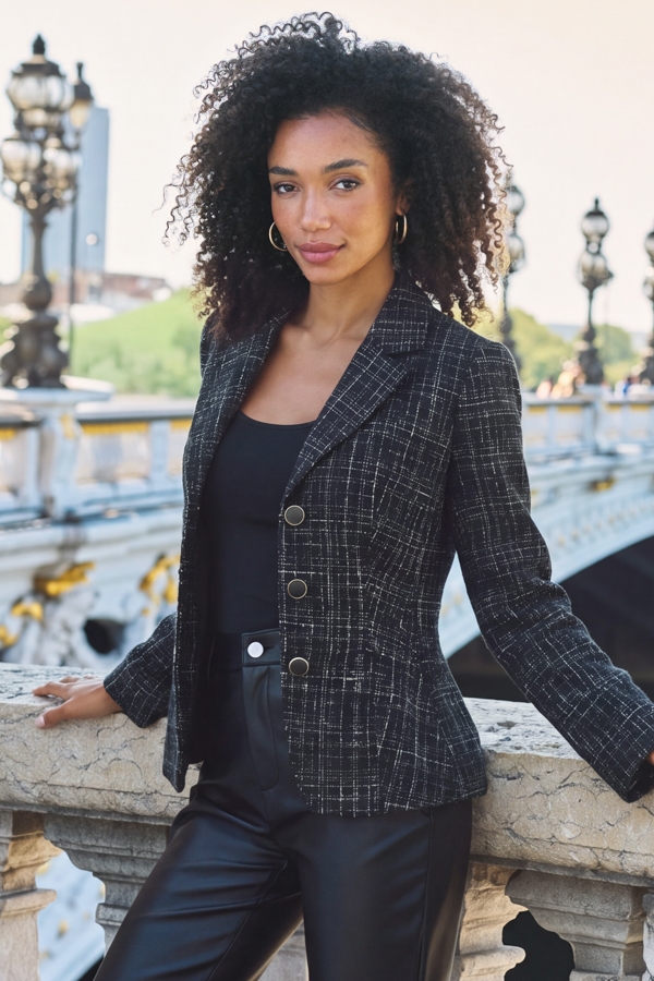 Black Tweed Cinched Waist Blazer