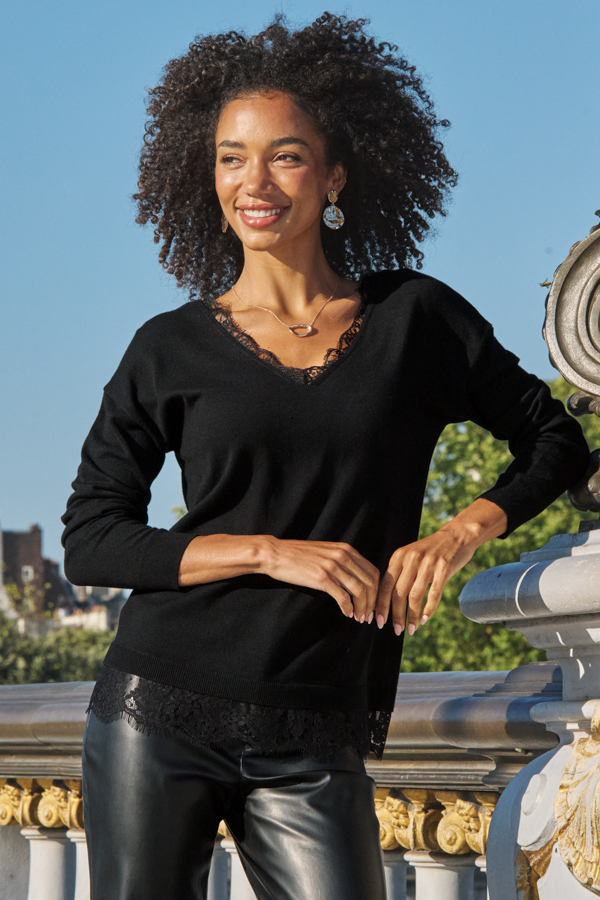 Black Lace Trim V Neck Jumper