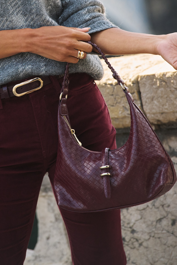 Burgundy Faux Leather Woven Shoulder Bag
