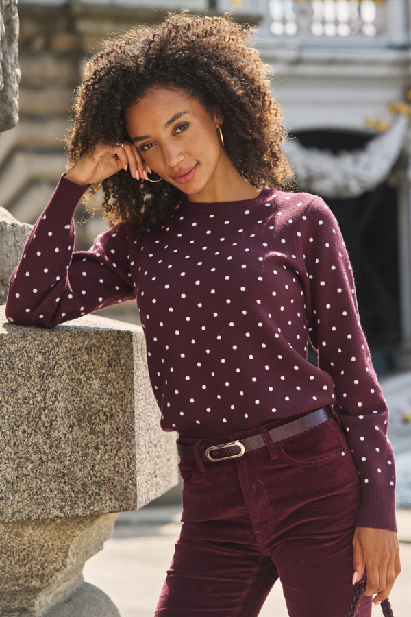 Burgundy Polka Dot Print Crew Neck Jumper