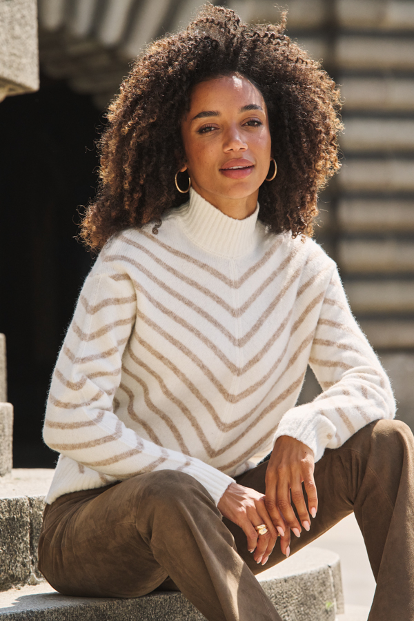 Taupe & Cream Chevron Stripe Roll Neck Jumper