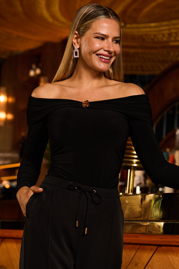Black Bardot Ruched Front Top With Gold Detail