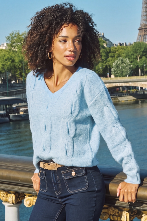 Pastel Blue Cable Knit V Neck Jumper