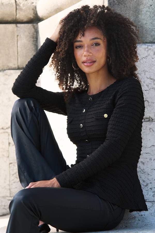 Black Textured Button Front Peplum Top