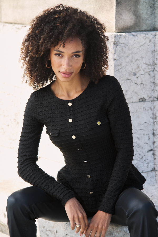 Black Textured Button Front Peplum Top