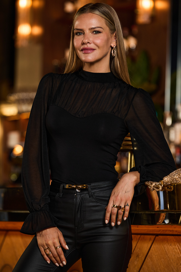 Black Mesh Sweetheart Neck Top