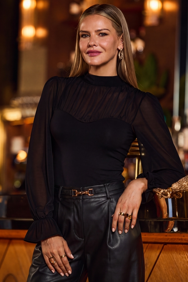 Black Mesh Sweetheart Neck Top
