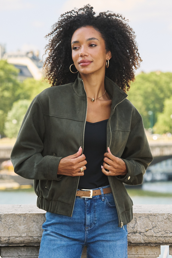 Khaki Green Faux Suede Zip Front Funnel Collar Jacket