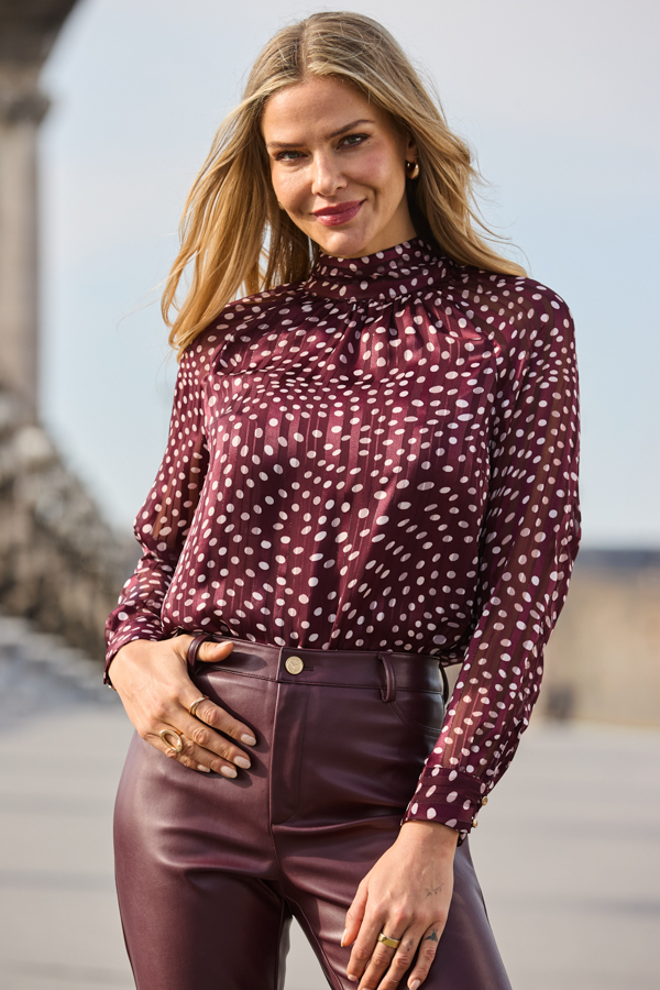 Burgundy Spot Print Satin Tie Detail Blouse
