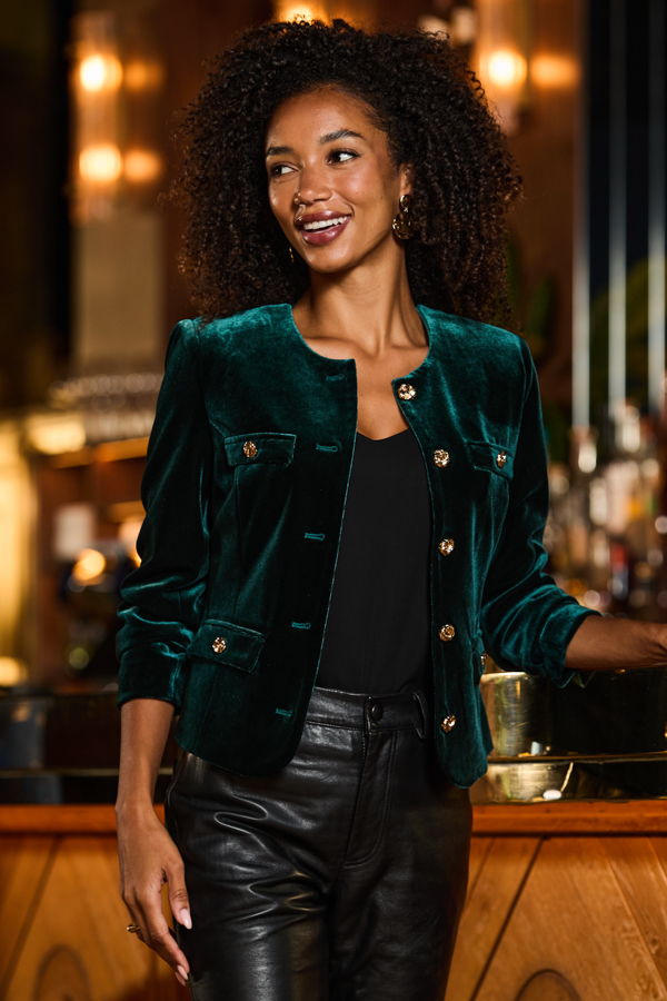 Emerald Green Velvet Collarless Jacket