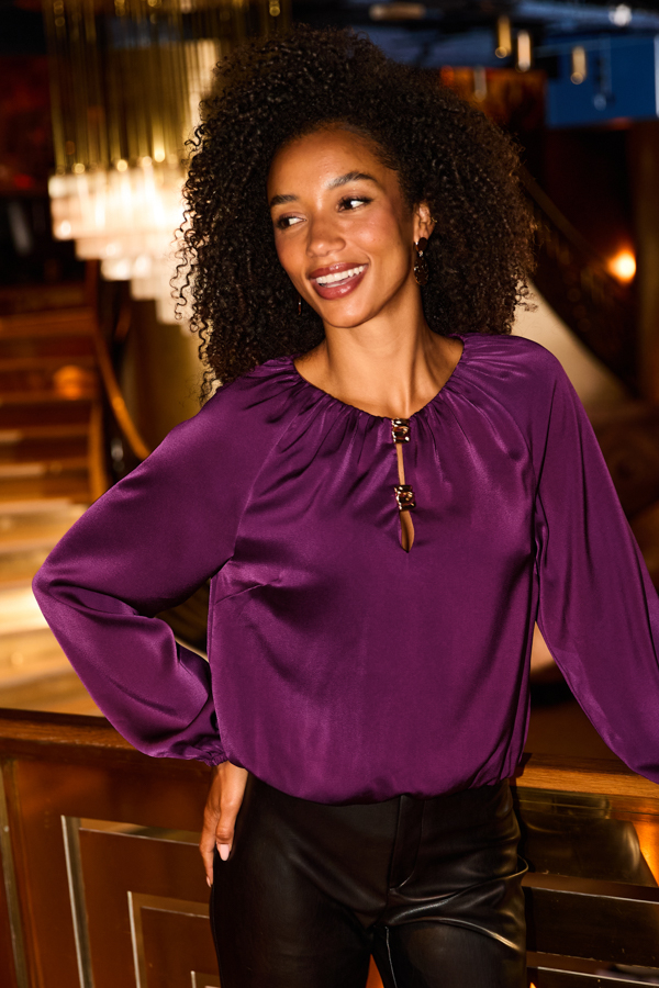 Amethyst Purple Satin Keyhole Detail Blouse