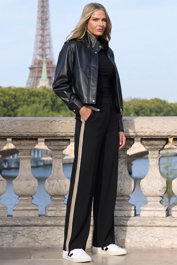 Black Wide Leg Trousers With Camel & White Side Stripe
