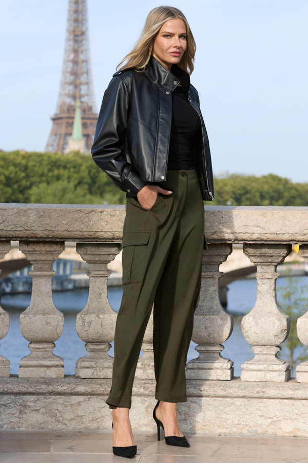 Khaki Green Cargo Barrel Leg Trousers