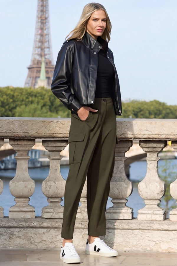 Khaki Green Cargo Barrel Leg Trousers