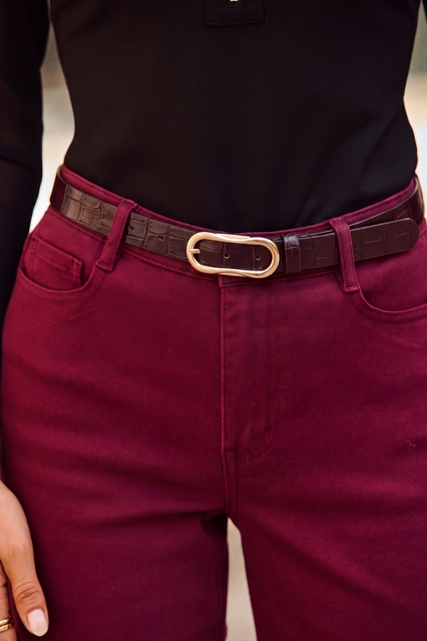 Burgundy Croc Leather Belt With Oval Statement Buckle