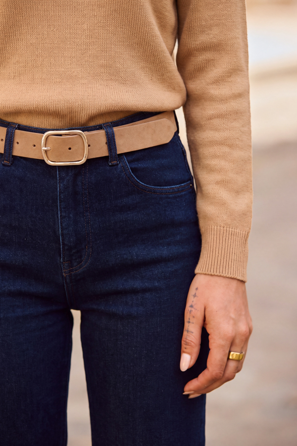 Tan Suede Belt With Gold Buckle