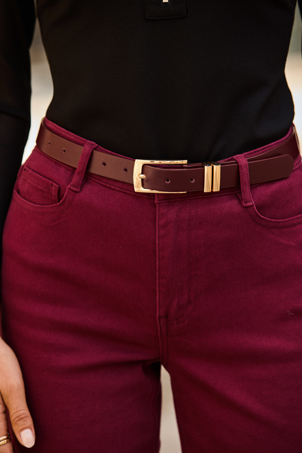 Burgundy Leather Belt With Gold Square Buckle