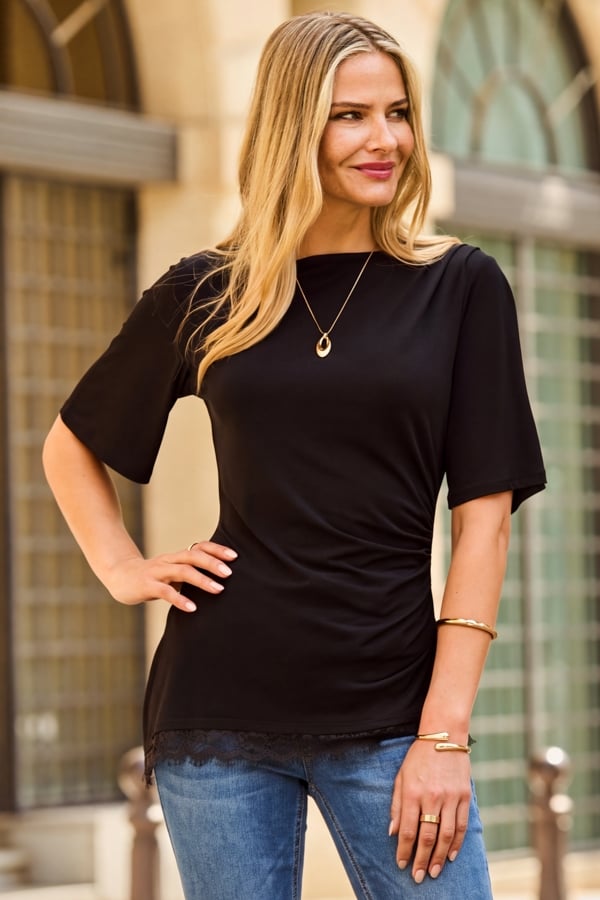 Black Lace Trim Asymmetric Hem Top