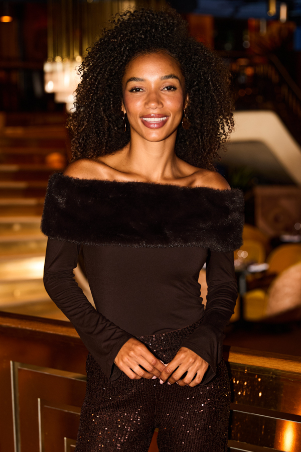 Chocolate Brown Bardot Top With Detachable Faux Fur Trim