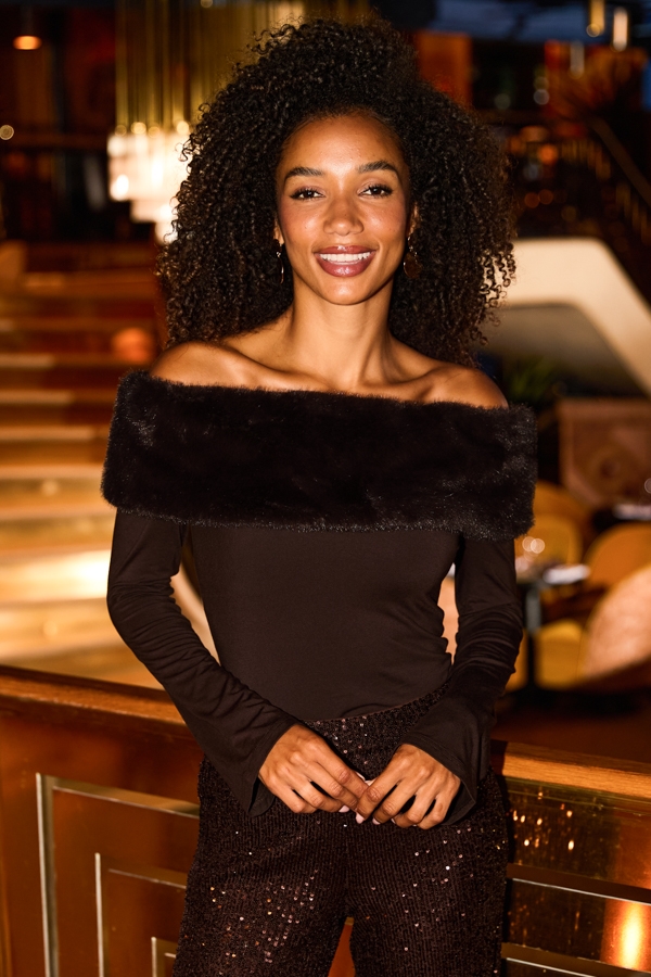 Chocolate Brown Bardot Top With Detachable Faux Fur Trim