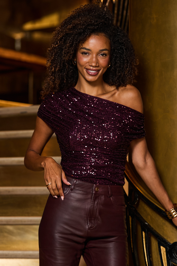 Burgundy Sequin Off The Shoulder Top