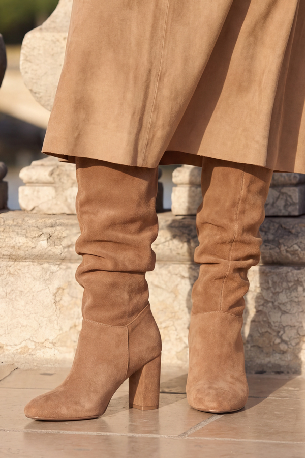 Tan Suede Ruched Block Heel Knee High Boots