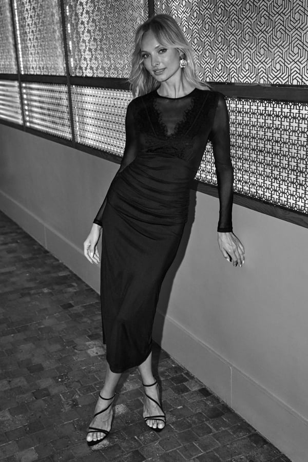 Black Lace Detail Ruched Mesh Dress