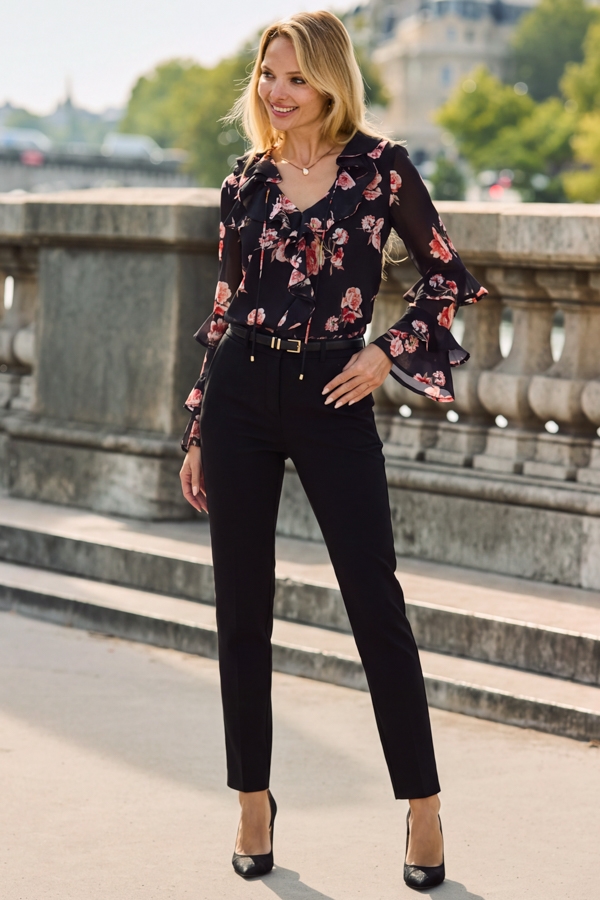 Black Floral Print Ruffle Sleeve Tie Neck Blouse