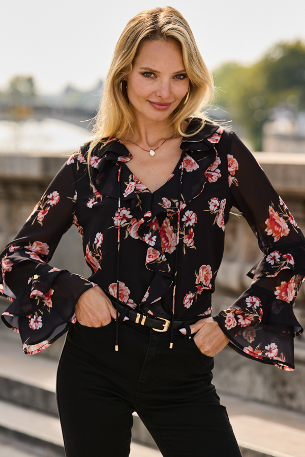 Black Floral Print Ruffle Sleeve Tie Neck Blouse
