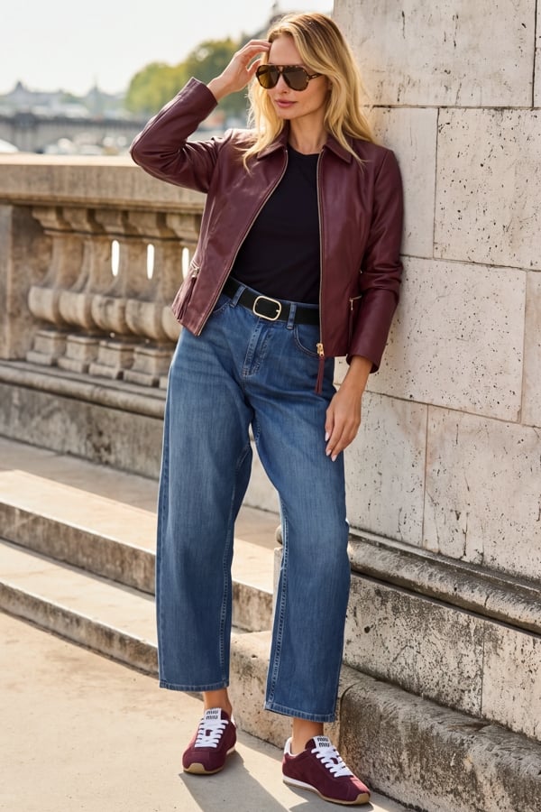 Burgundy Zip Detail Collared Leather Jacket